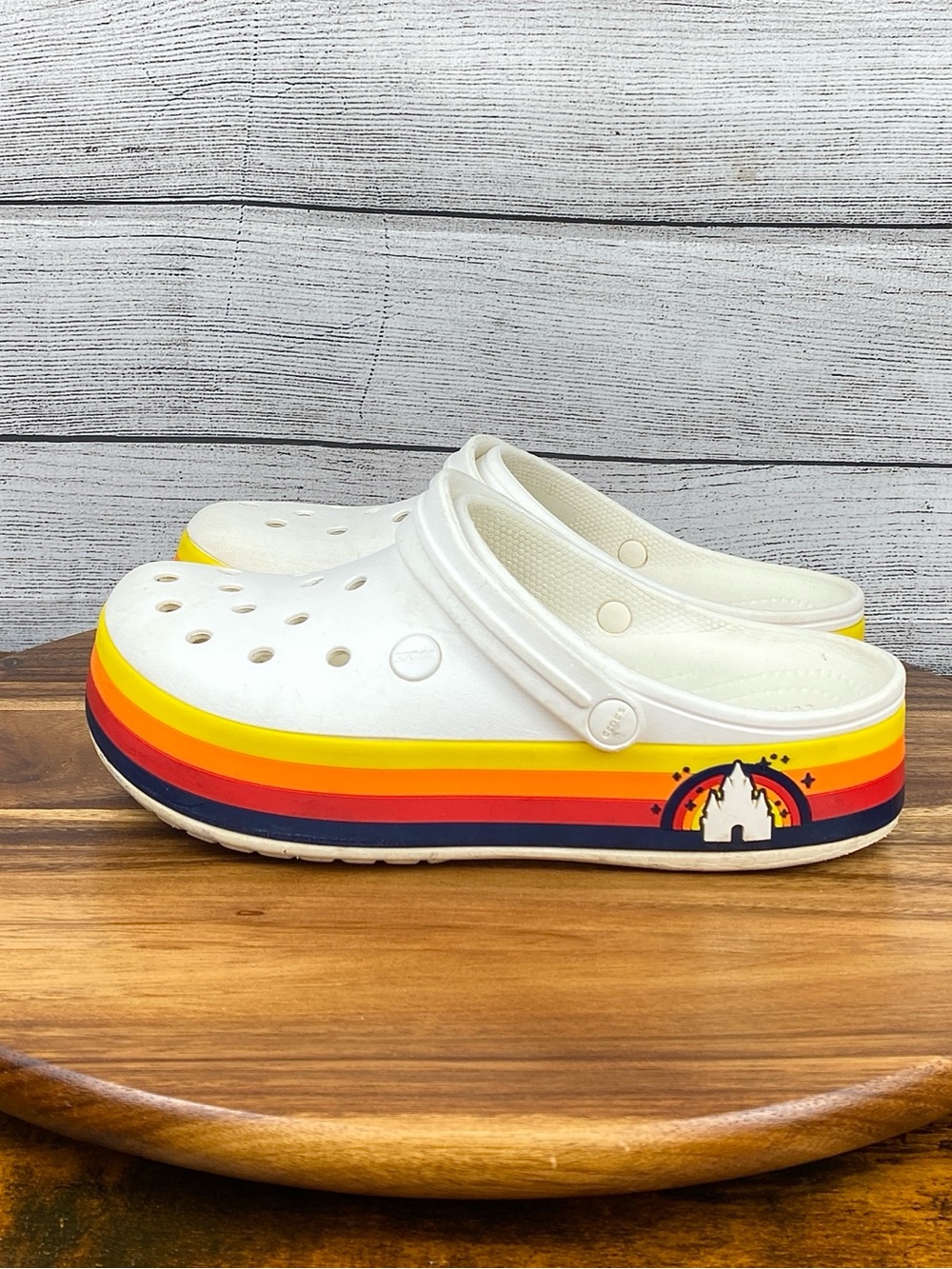 Crocs Disney Parks Fantasyland Platform Clog White Retro Stripe Castle Womens 10